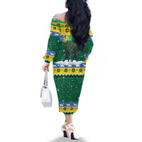 Gabon Christmas Family Matching Off The Shoulder Long Sleeve Dress and Hawaiian Shirt with Black Panthers Carrying Tree and Green Yellow Snowflake Pattern - Wonder Print Shop