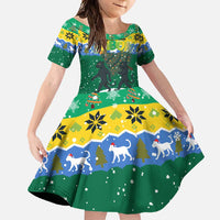 Gabon Christmas Family Matching Off Shoulder Maxi Dress and Hawaiian Shirt with Black Panthers Carrying Tree and Green Yellow Snowflake Pattern - Wonder Print Shop