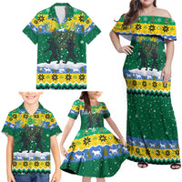 Gabon Christmas Family Matching Off Shoulder Maxi Dress and Hawaiian Shirt with Black Panthers Carrying Tree and Green Yellow Snowflake Pattern - Wonder Print Shop
