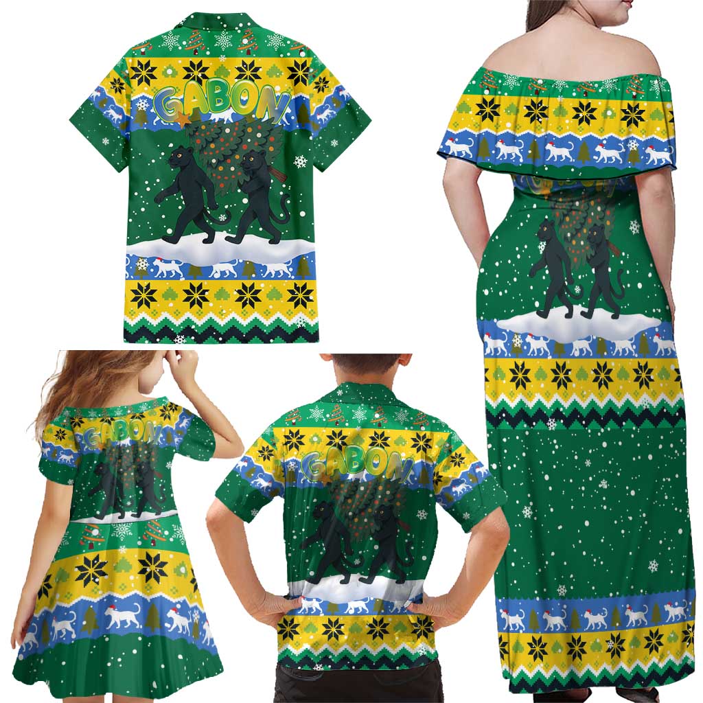 Gabon Christmas Family Matching Off Shoulder Maxi Dress and Hawaiian Shirt with Black Panthers Carrying Tree and Green Yellow Snowflake Pattern - Wonder Print Shop