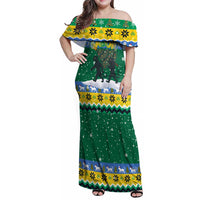 Gabon Christmas Family Matching Off Shoulder Maxi Dress and Hawaiian Shirt with Black Panthers Carrying Tree and Green Yellow Snowflake Pattern - Wonder Print Shop