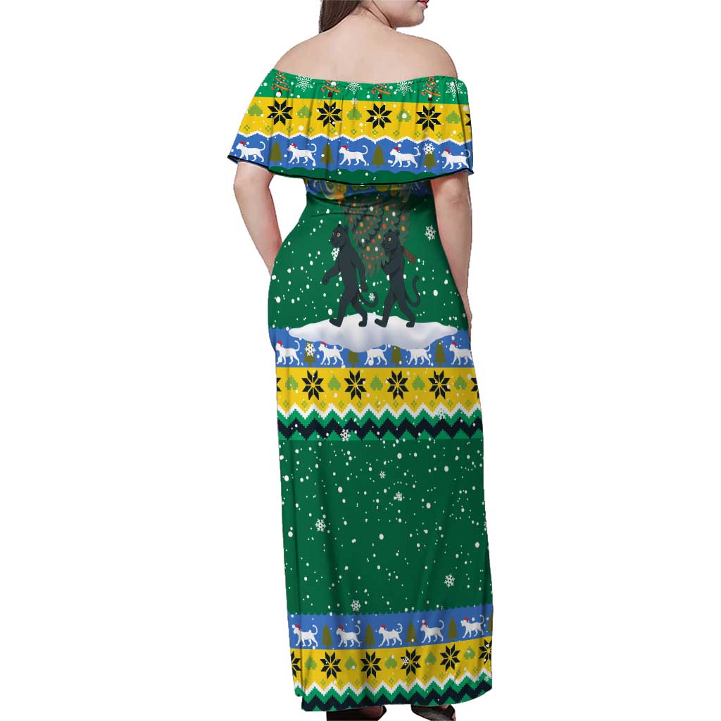 Gabon Christmas Family Matching Off Shoulder Maxi Dress and Hawaiian Shirt with Black Panthers Carrying Tree and Green Yellow Snowflake Pattern - Wonder Print Shop