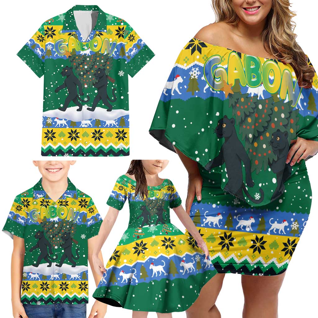 Gabon Christmas Family Matching Off Shoulder Short Dress and Hawaiian Shirt with Black Panthers Carrying Tree and Green Yellow Snowflake Pattern - Wonder Print Shop