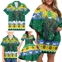 Gabon Christmas Family Matching Off Shoulder Short Dress and Hawaiian Shirt with Black Panthers Carrying Tree and Green Yellow Snowflake Pattern - Wonder Print Shop