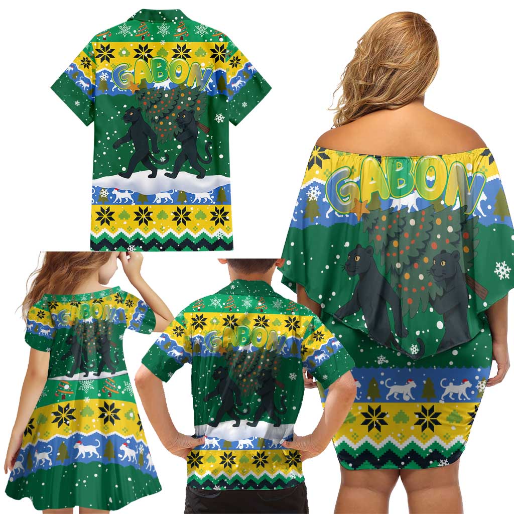 Gabon Christmas Family Matching Off Shoulder Short Dress and Hawaiian Shirt with Black Panthers Carrying Tree and Green Yellow Snowflake Pattern - Wonder Print Shop