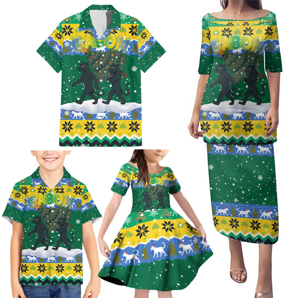 Gabon Christmas Family Matching Puletasi and Hawaiian Shirt with Black Panthers Carrying Tree and Green Yellow Snowflake Pattern - Wonder Print Shop