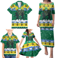 Gabon Christmas Family Matching Puletasi and Hawaiian Shirt with Black Panthers Carrying Tree and Green Yellow Snowflake Pattern - Wonder Print Shop