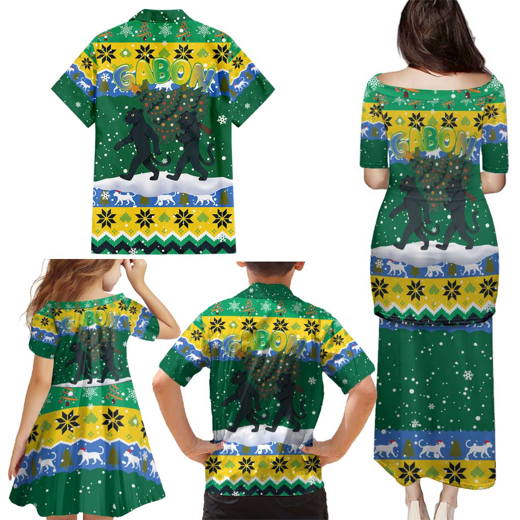 Gabon Christmas Family Matching Puletasi and Hawaiian Shirt with Black Panthers Carrying Tree and Green Yellow Snowflake Pattern - Wonder Print Shop