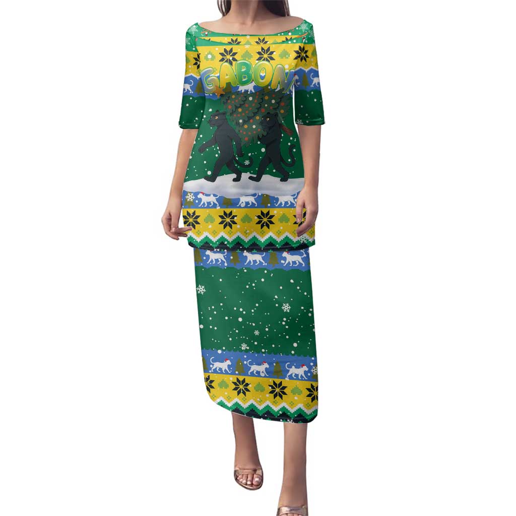 Gabon Christmas Family Matching Puletasi and Hawaiian Shirt with Black Panthers Carrying Tree and Green Yellow Snowflake Pattern - Wonder Print Shop