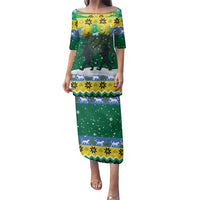 Gabon Christmas Family Matching Puletasi and Hawaiian Shirt with Black Panthers Carrying Tree and Green Yellow Snowflake Pattern - Wonder Print Shop