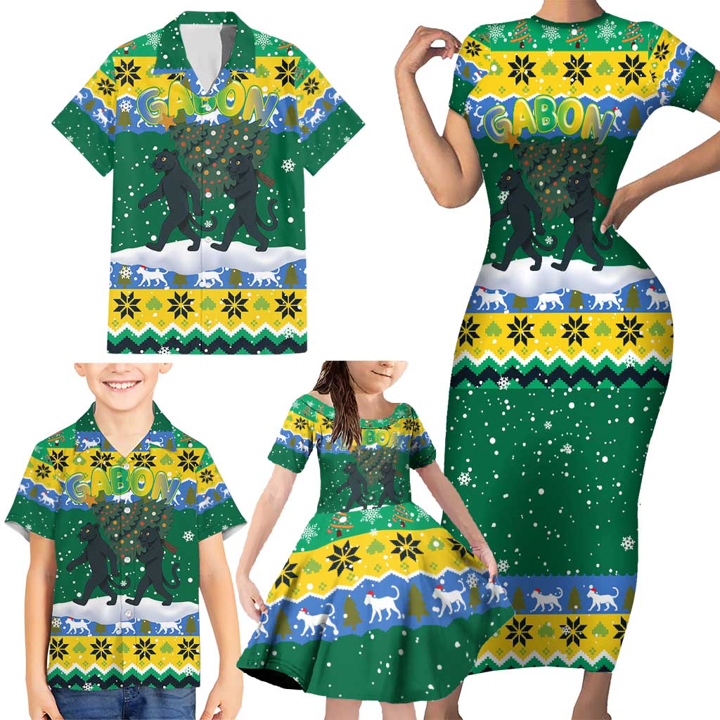 Gabon Christmas Family Matching Short Sleeve Bodycon Dress and Hawaiian Shirt with Black Panthers Carrying Tree and Green Yellow Snowflake Pattern - Wonder Print Shop