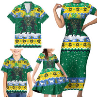 Gabon Christmas Family Matching Short Sleeve Bodycon Dress and Hawaiian Shirt with Black Panthers Carrying Tree and Green Yellow Snowflake Pattern - Wonder Print Shop