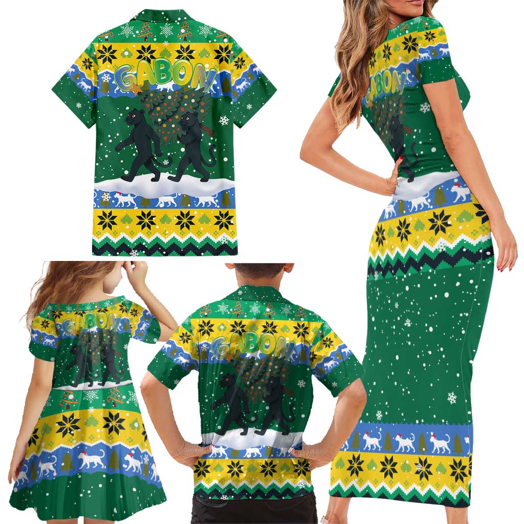 Gabon Christmas Family Matching Short Sleeve Bodycon Dress and Hawaiian Shirt with Black Panthers Carrying Tree and Green Yellow Snowflake Pattern - Wonder Print Shop