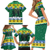 Gabon Christmas Family Matching Short Sleeve Bodycon Dress and Hawaiian Shirt with Black Panthers Carrying Tree and Green Yellow Snowflake Pattern - Wonder Print Shop
