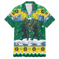 Gabon Christmas Family Matching Short Sleeve Bodycon Dress and Hawaiian Shirt with Black Panthers Carrying Tree and Green Yellow Snowflake Pattern - Wonder Print Shop