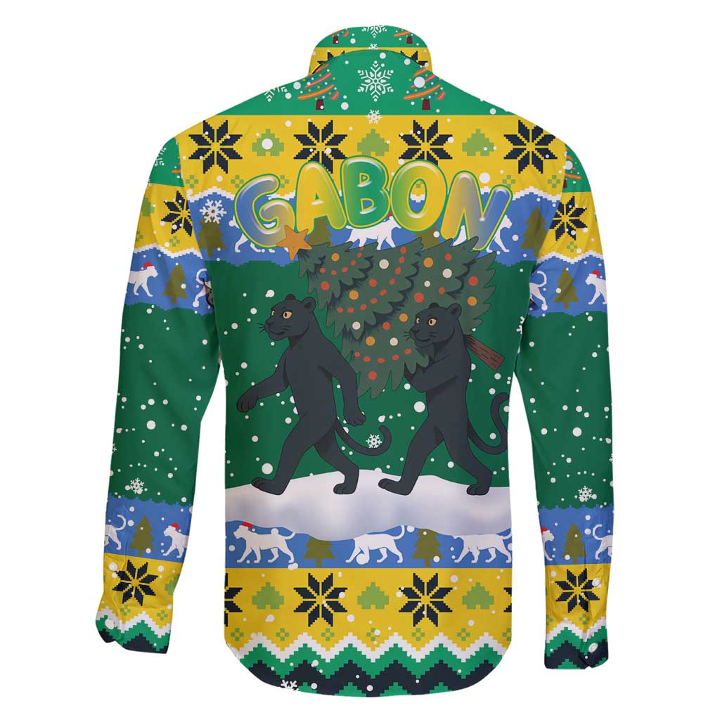 Gabon Christmas Family Matching Short Sleeve Bodycon Dress and Hawaiian Shirt with Black Panthers Carrying Tree and Green Yellow Snowflake Pattern - Wonder Print Shop