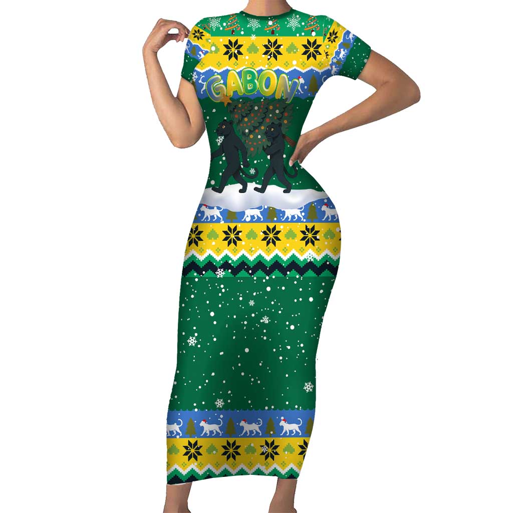 Gabon Christmas Family Matching Short Sleeve Bodycon Dress and Hawaiian Shirt with Black Panthers Carrying Tree and Green Yellow Snowflake Pattern - Wonder Print Shop