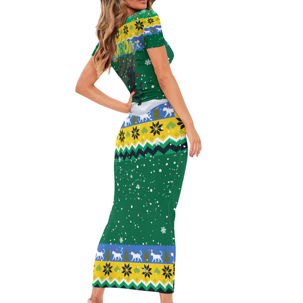Gabon Christmas Family Matching Short Sleeve Bodycon Dress and Hawaiian Shirt with Black Panthers Carrying Tree and Green Yellow Snowflake Pattern - Wonder Print Shop
