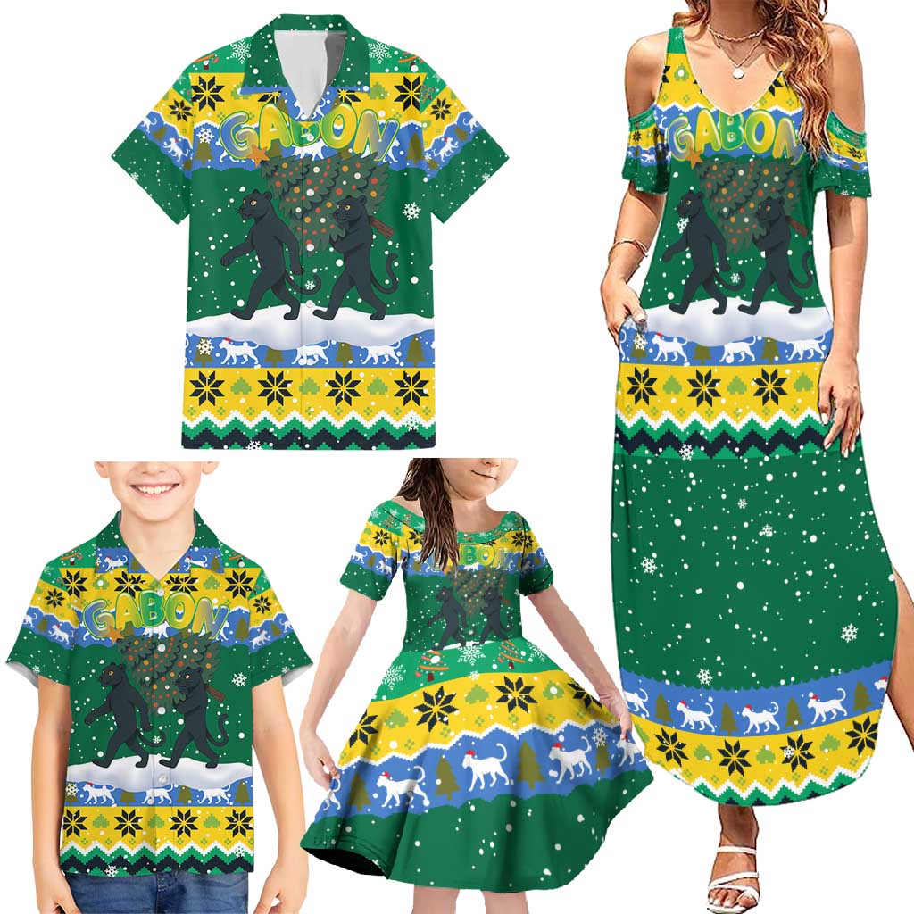 Gabon Christmas Family Matching Summer Maxi Dress and Hawaiian Shirt with Black Panthers Carrying Tree and Green Yellow Snowflake Pattern - Wonder Print Shop