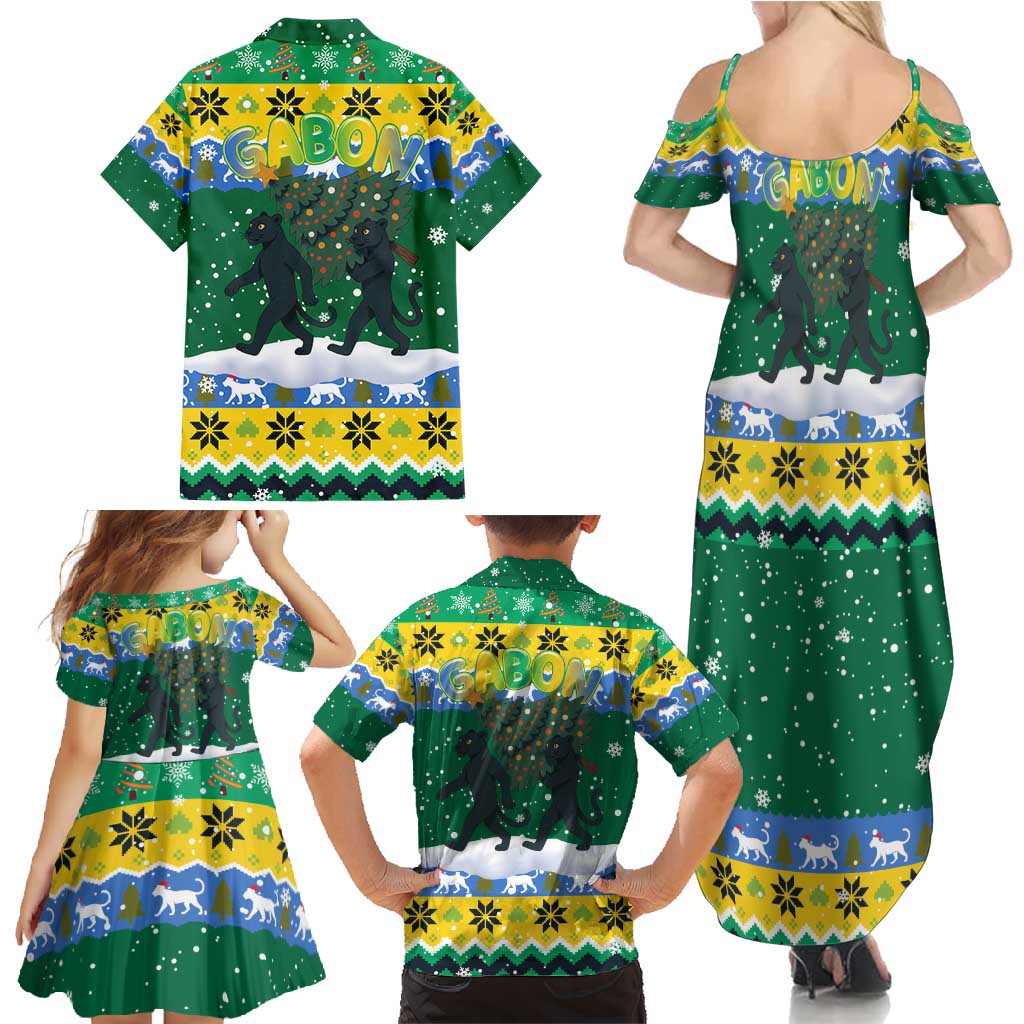 Gabon Christmas Family Matching Summer Maxi Dress and Hawaiian Shirt with Black Panthers Carrying Tree and Green Yellow Snowflake Pattern - Wonder Print Shop