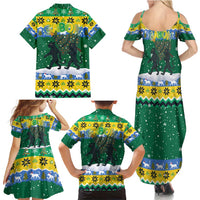 Gabon Christmas Family Matching Summer Maxi Dress and Hawaiian Shirt with Black Panthers Carrying Tree and Green Yellow Snowflake Pattern - Wonder Print Shop