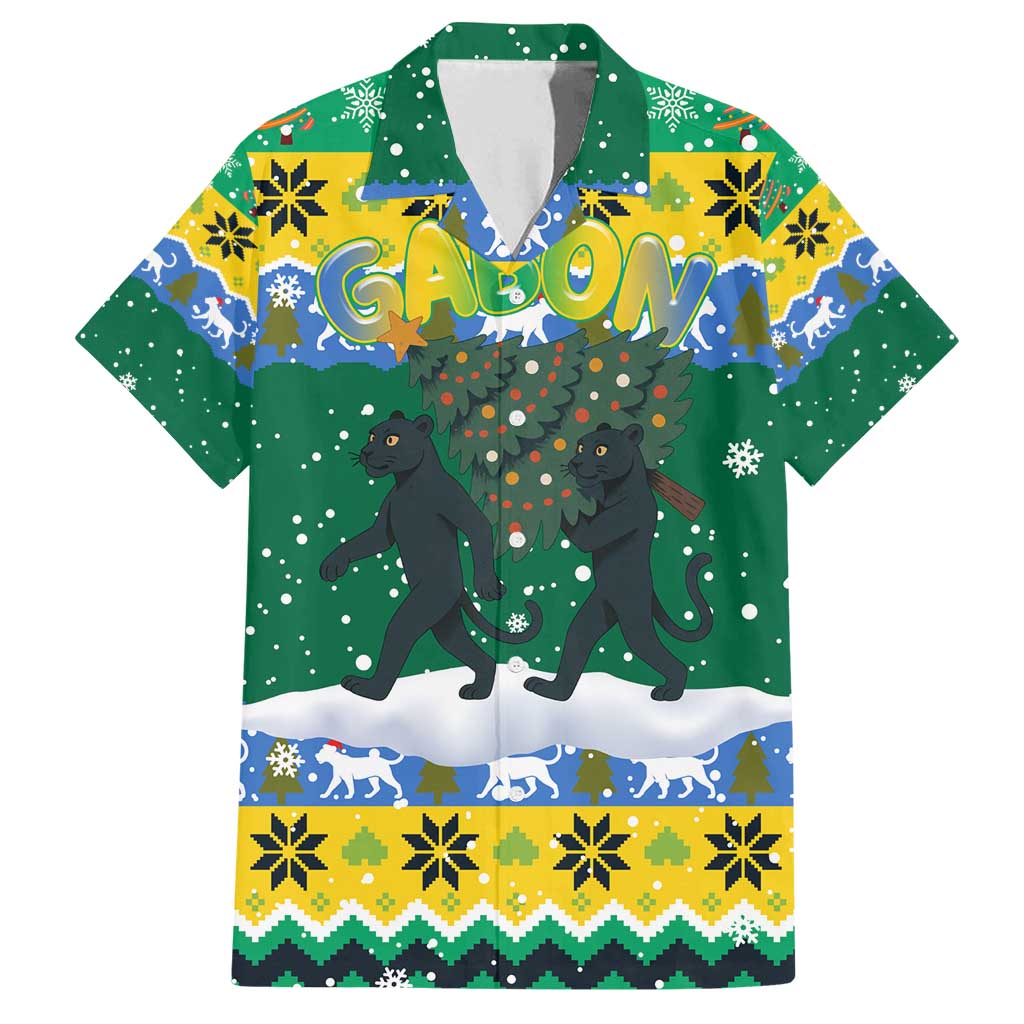 Gabon Christmas Family Matching Summer Maxi Dress and Hawaiian Shirt with Black Panthers Carrying Tree and Green Yellow Snowflake Pattern - Wonder Print Shop
