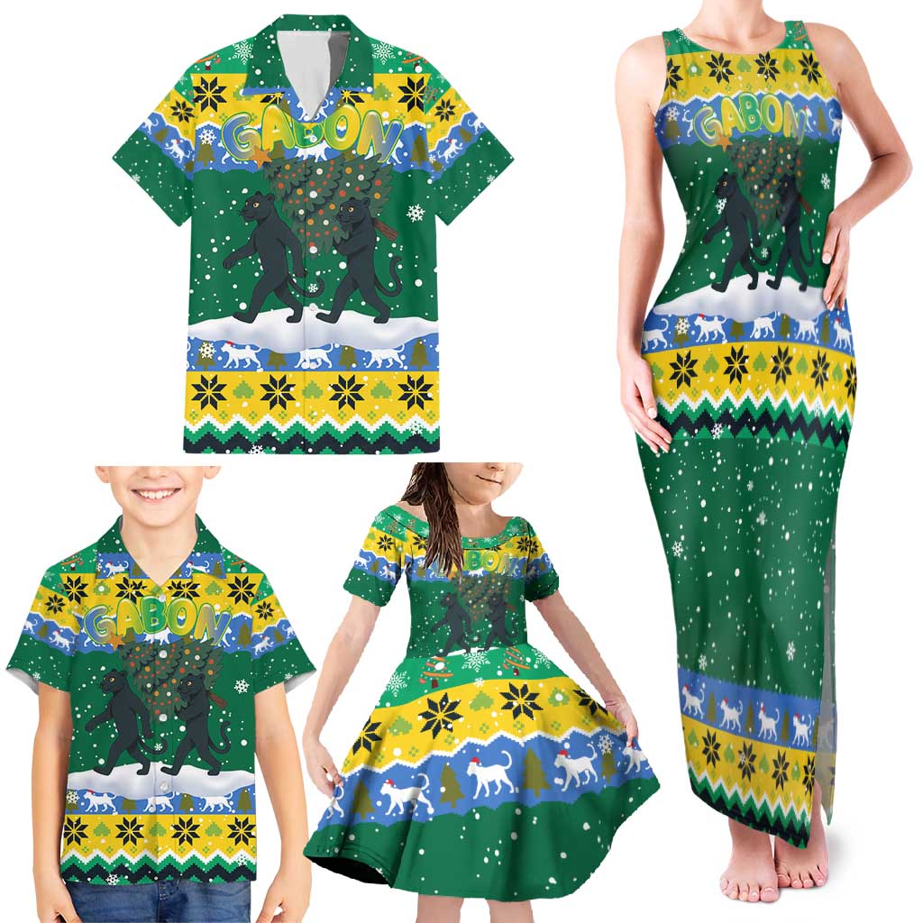 Gabon Christmas Family Matching Tank Maxi Dress and Hawaiian Shirt with Black Panthers Carrying Tree and Green Yellow Snowflake Pattern - Wonder Print Shop