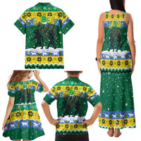 Gabon Christmas Family Matching Tank Maxi Dress and Hawaiian Shirt with Black Panthers Carrying Tree and Green Yellow Snowflake Pattern - Wonder Print Shop