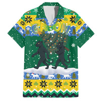 Gabon Christmas Family Matching Tank Maxi Dress and Hawaiian Shirt with Black Panthers Carrying Tree and Green Yellow Snowflake Pattern - Wonder Print Shop