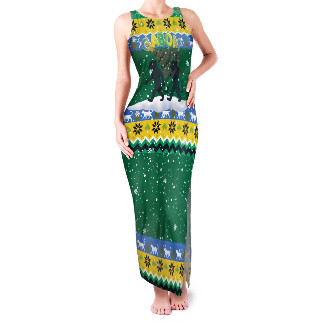 Gabon Christmas Family Matching Tank Maxi Dress and Hawaiian Shirt with Black Panthers Carrying Tree and Green Yellow Snowflake Pattern - Wonder Print Shop