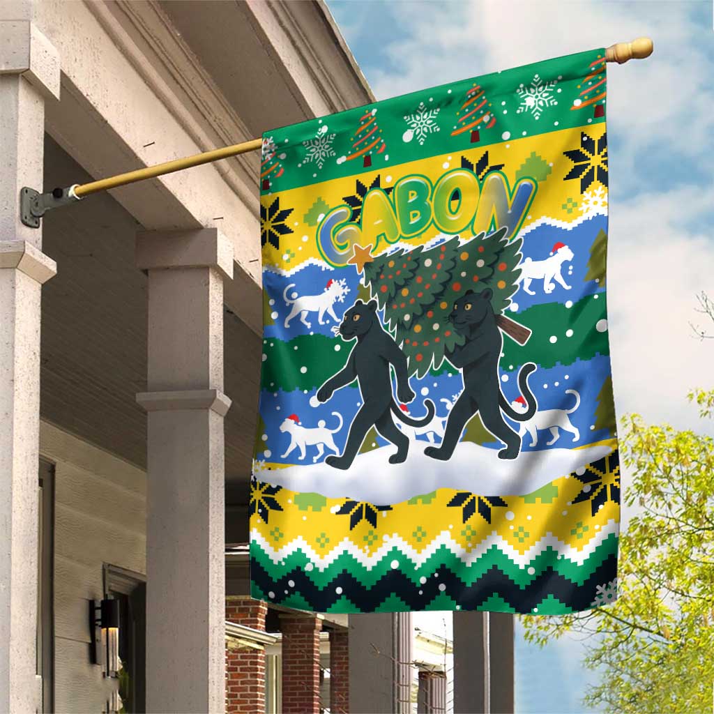 Gabon Christmas Garden Flag with Black Panthers Carrying Tree and Green Yellow Snowflake Pattern - Wonder Print Shop