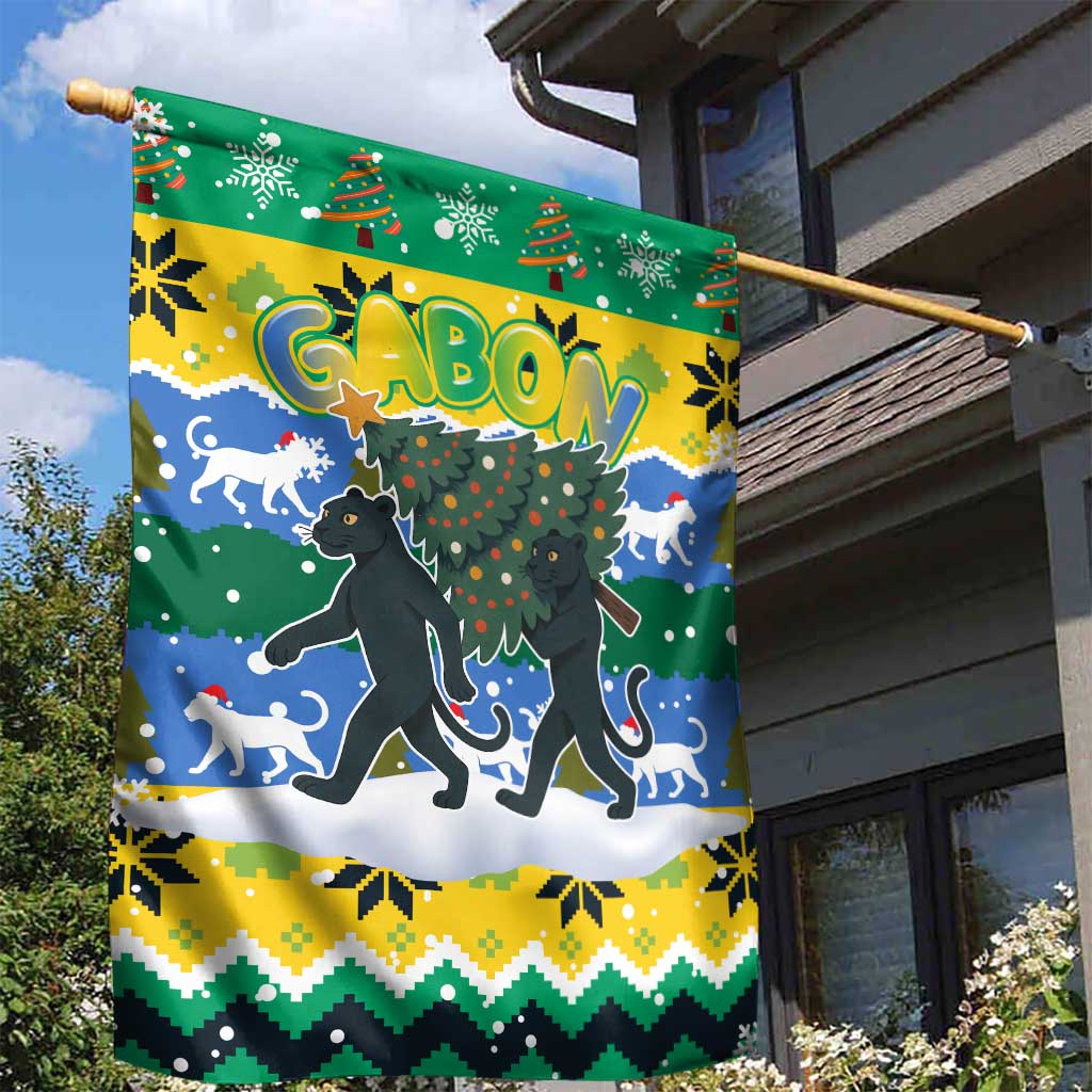 Gabon Christmas Garden Flag with Black Panthers Carrying Tree and Green Yellow Snowflake Pattern - Wonder Print Shop