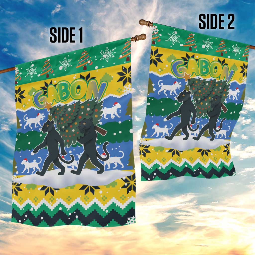Gabon Christmas Garden Flag with Black Panthers Carrying Tree and Green Yellow Snowflake Pattern - Wonder Print Shop