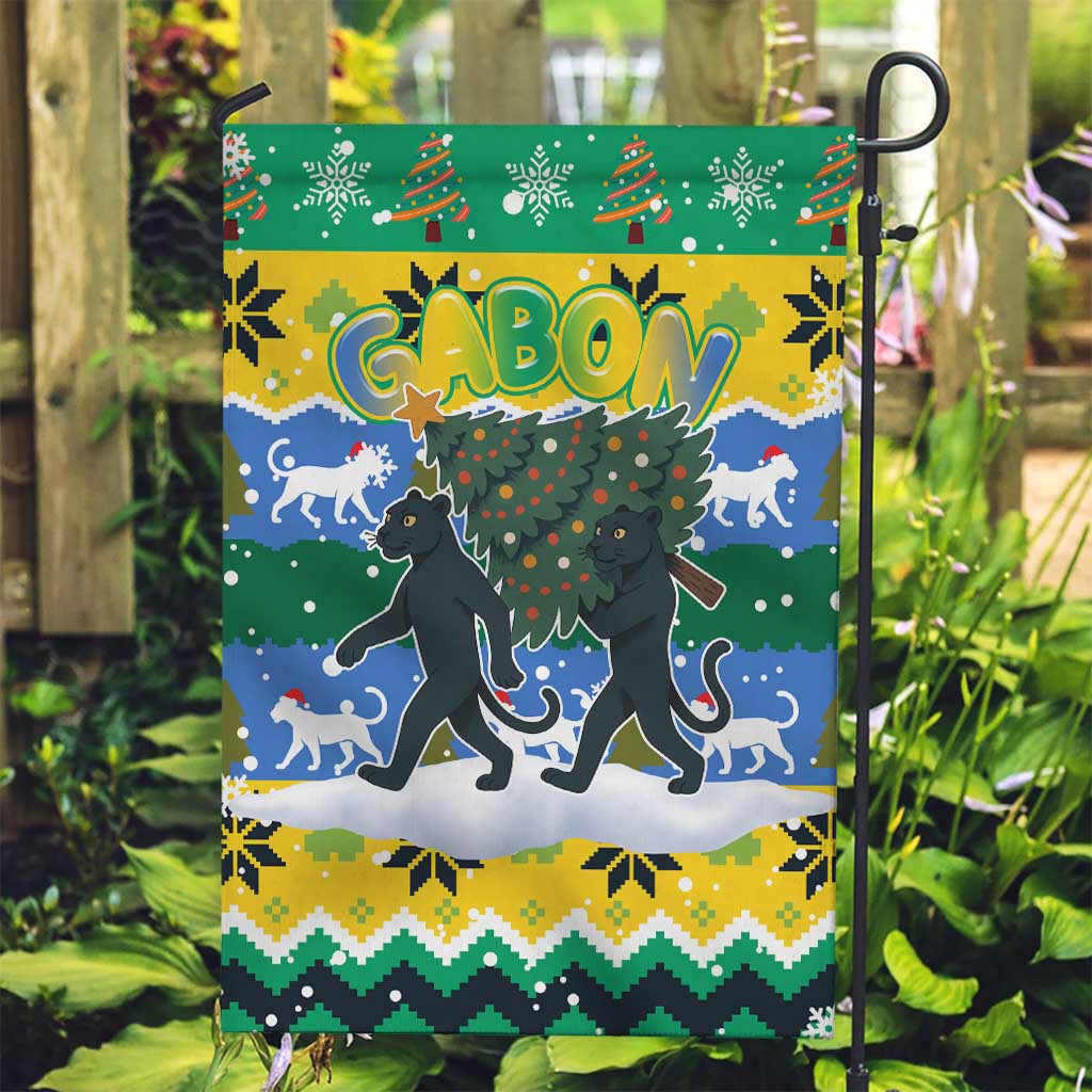 Gabon Christmas Garden Flag with Black Panthers Carrying Tree and Green Yellow Snowflake Pattern - Wonder Print Shop