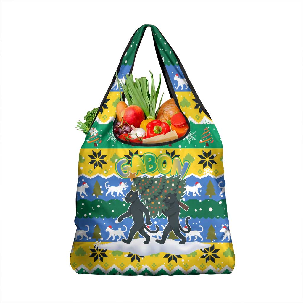Gabon Christmas Grocery Bag with Black Panthers Carrying Tree and Green Yellow Snowflake Pattern - Wonder Print Shop
