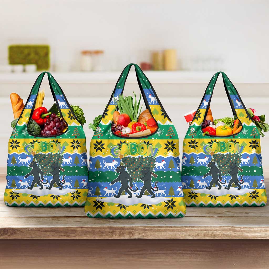 Gabon Christmas Grocery Bag with Black Panthers Carrying Tree and Green Yellow Snowflake Pattern - Wonder Print Shop
