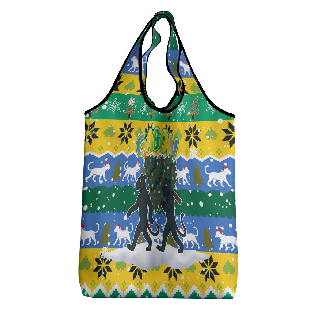 Gabon Christmas Grocery Bag with Black Panthers Carrying Tree and Green Yellow Snowflake Pattern - Wonder Print Shop