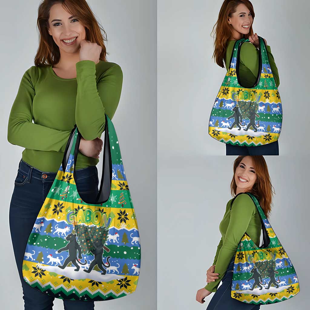 Gabon Christmas Grocery Bag with Black Panthers Carrying Tree and Green Yellow Snowflake Pattern - Wonder Print Shop