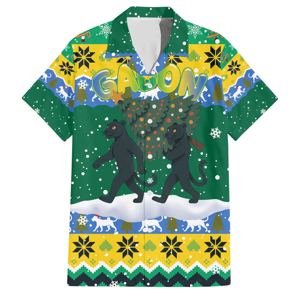 Gabon Christmas Hawaiian Shirt with Black Panthers Carrying Tree and Green Yellow Snowflake Pattern - Wonder Print Shop