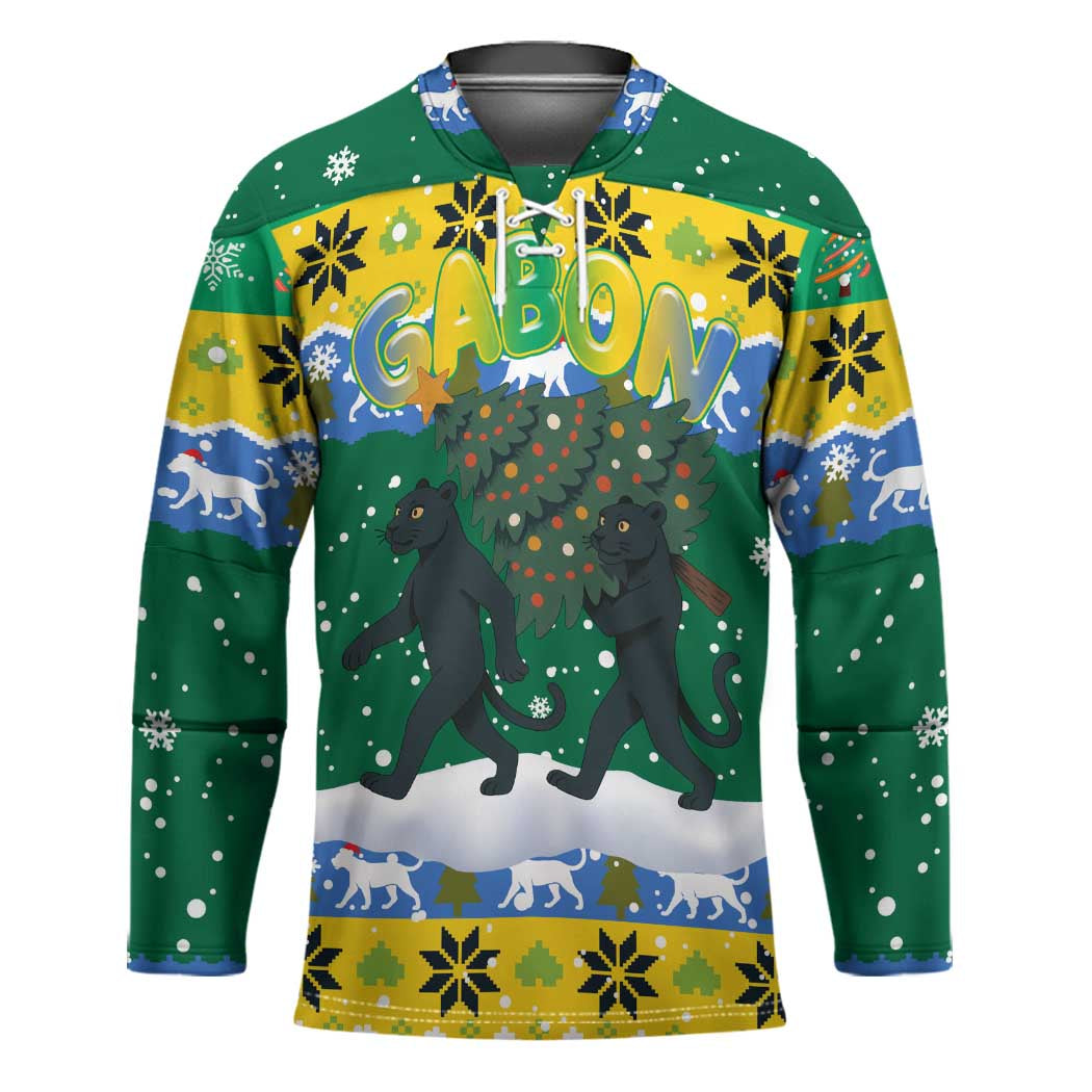 Gabon Christmas Hockey Jersey with Black Panthers Carrying Tree and Green Yellow Snowflake Pattern - Wonder Print Shop