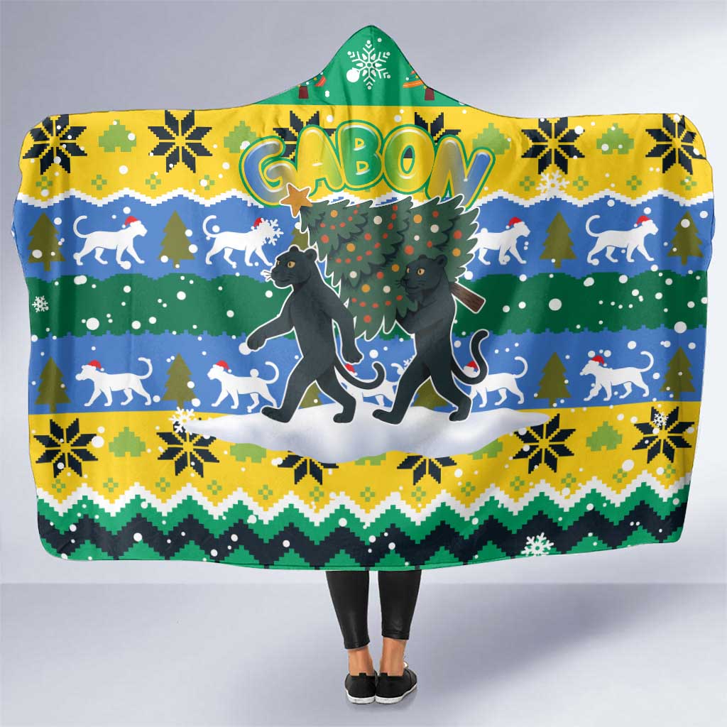 Gabon Christmas Hooded Blanket with Black Panthers Carrying Tree and Green Yellow Snowflake Pattern - Wonder Print Shop