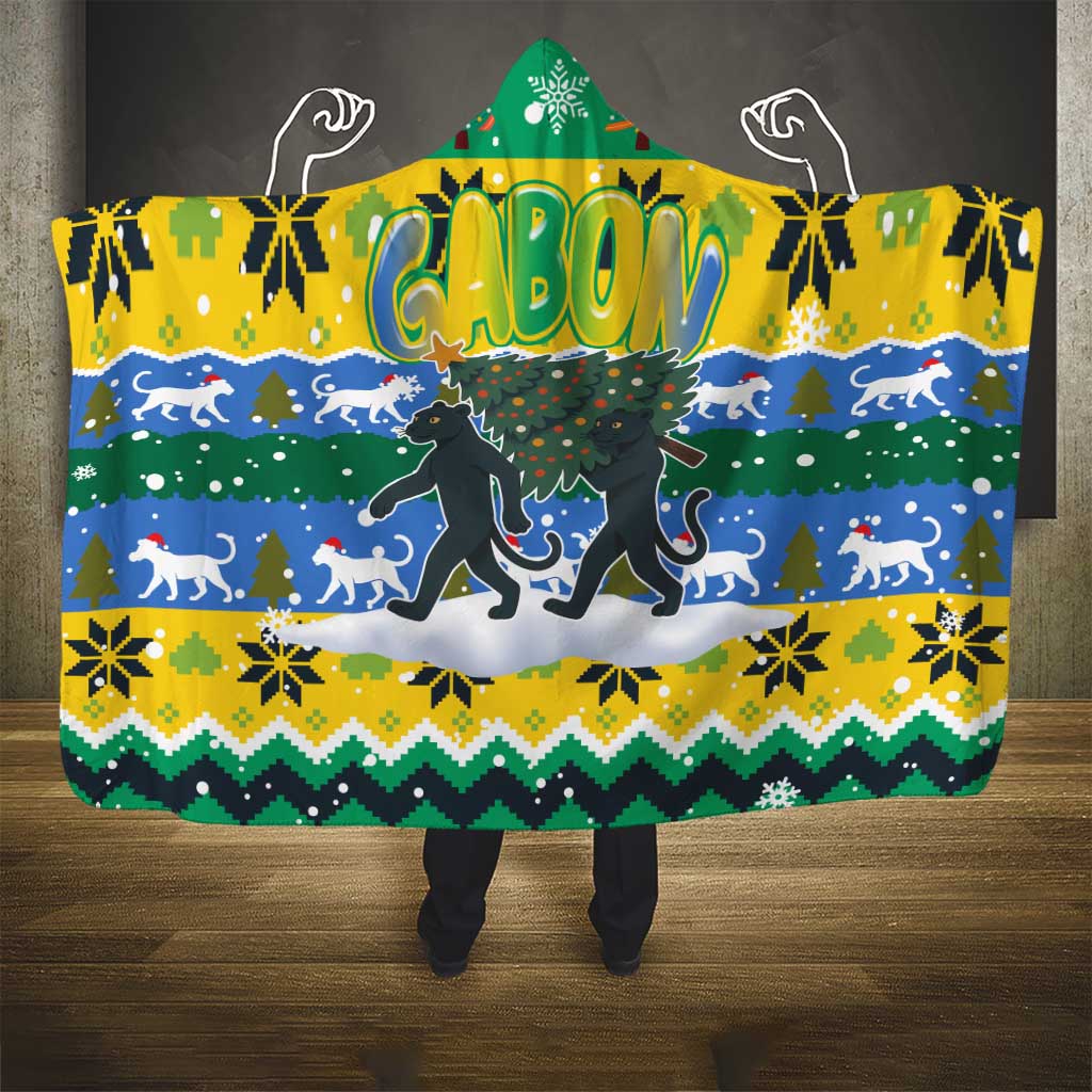 Gabon Christmas Hooded Blanket with Black Panthers Carrying Tree and Green Yellow Snowflake Pattern - Wonder Print Shop