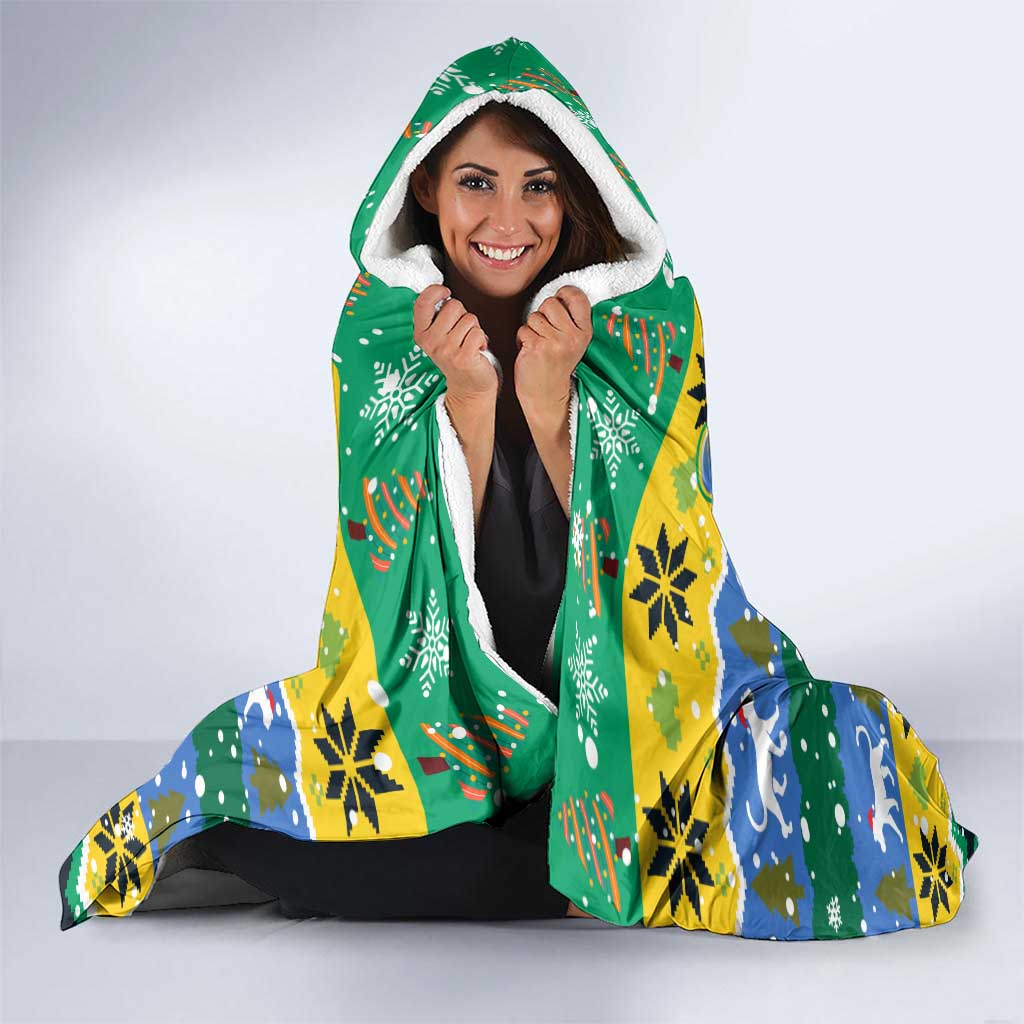 Gabon Christmas Hooded Blanket with Black Panthers Carrying Tree and Green Yellow Snowflake Pattern - Wonder Print Shop
