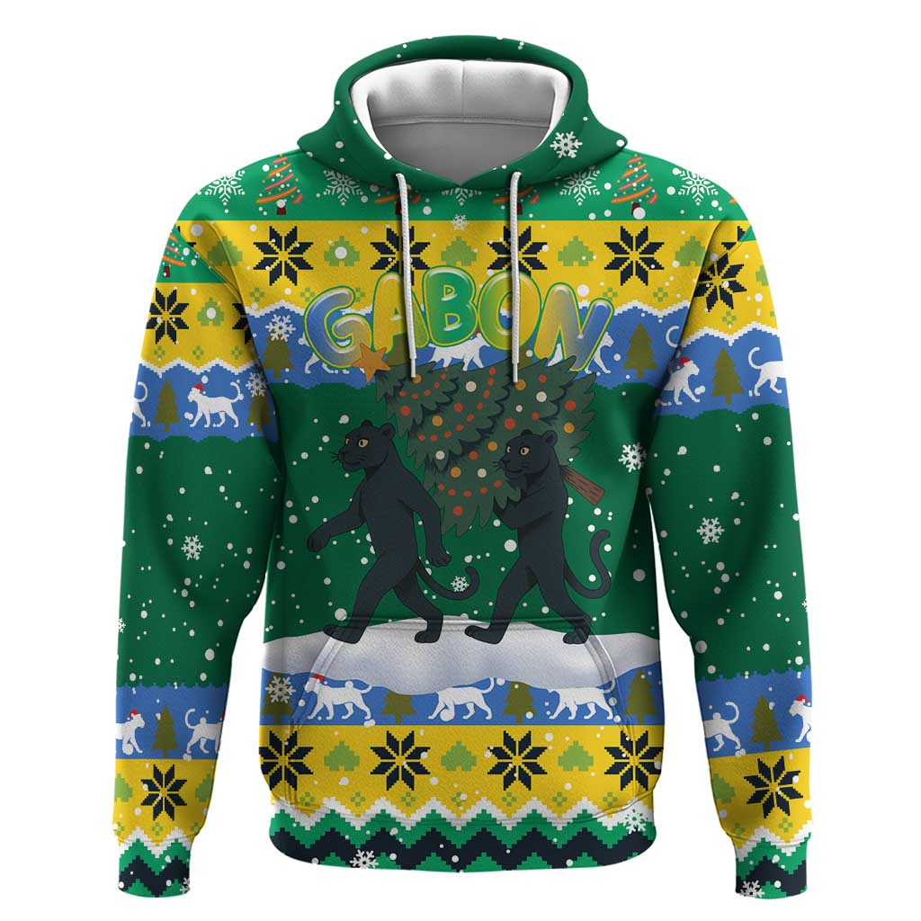 Gabon Christmas Hoodie with Black Panthers Carrying Tree and Green Yellow Snowflake Pattern - Wonder Print Shop