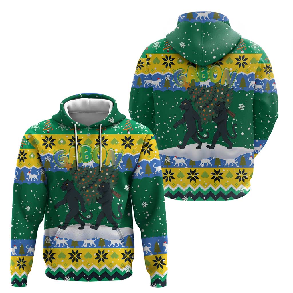 Gabon Christmas Hoodie with Black Panthers Carrying Tree and Green Yellow Snowflake Pattern - Wonder Print Shop