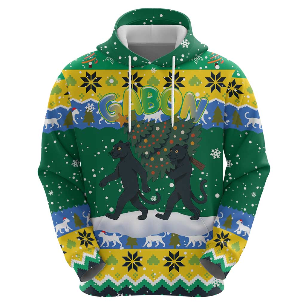 Gabon Christmas Hoodie with Black Panthers Carrying Tree and Green Yellow Snowflake Pattern - Wonder Print Shop