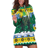 Gabon Christmas Hoodie Dress with Black Panthers Carrying Tree and Green Yellow Snowflake Pattern - Wonder Print Shop