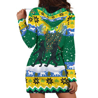 Gabon Christmas Hoodie Dress with Black Panthers Carrying Tree and Green Yellow Snowflake Pattern - Wonder Print Shop