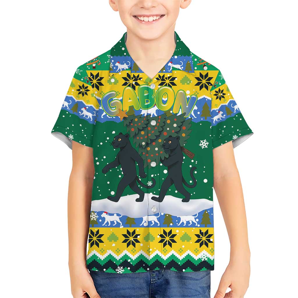 Gabon Christmas Kid Hawaiian Shirt with Black Panthers Carrying Tree and Green Yellow Snowflake Pattern - Wonder Print Shop