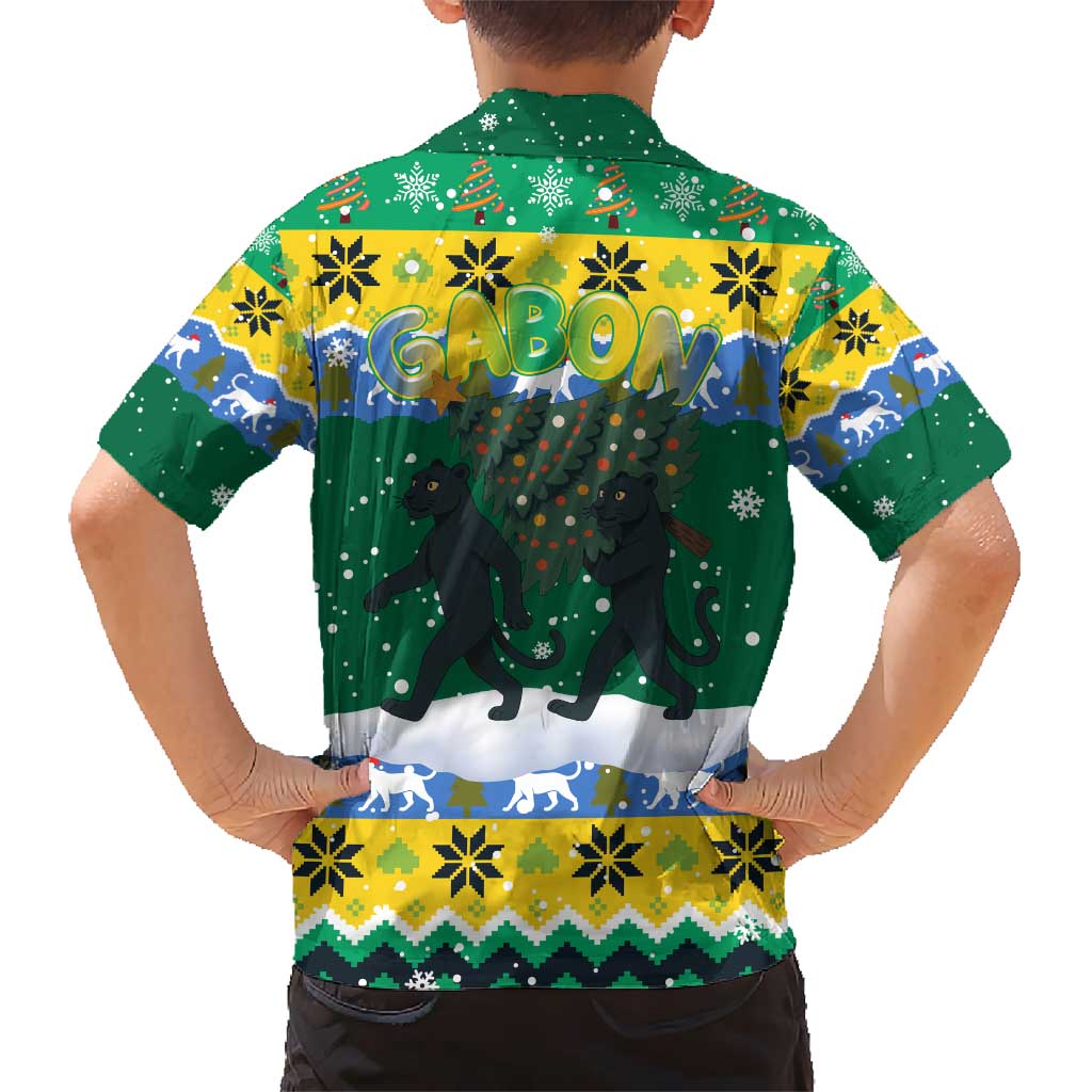 Gabon Christmas Kid Hawaiian Shirt with Black Panthers Carrying Tree and Green Yellow Snowflake Pattern - Wonder Print Shop